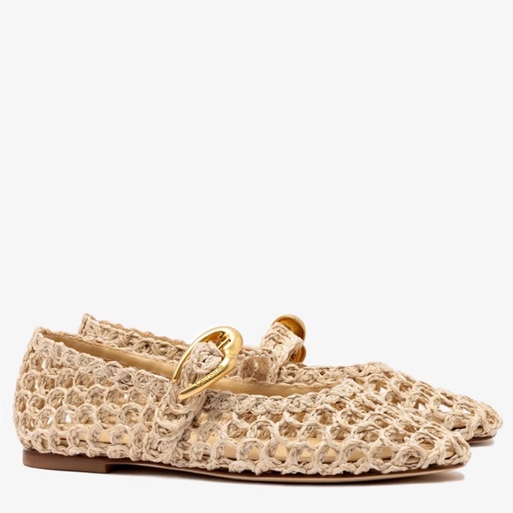 Larroude Shoes - Larroude Beige Woven Flats with Gold Buckle